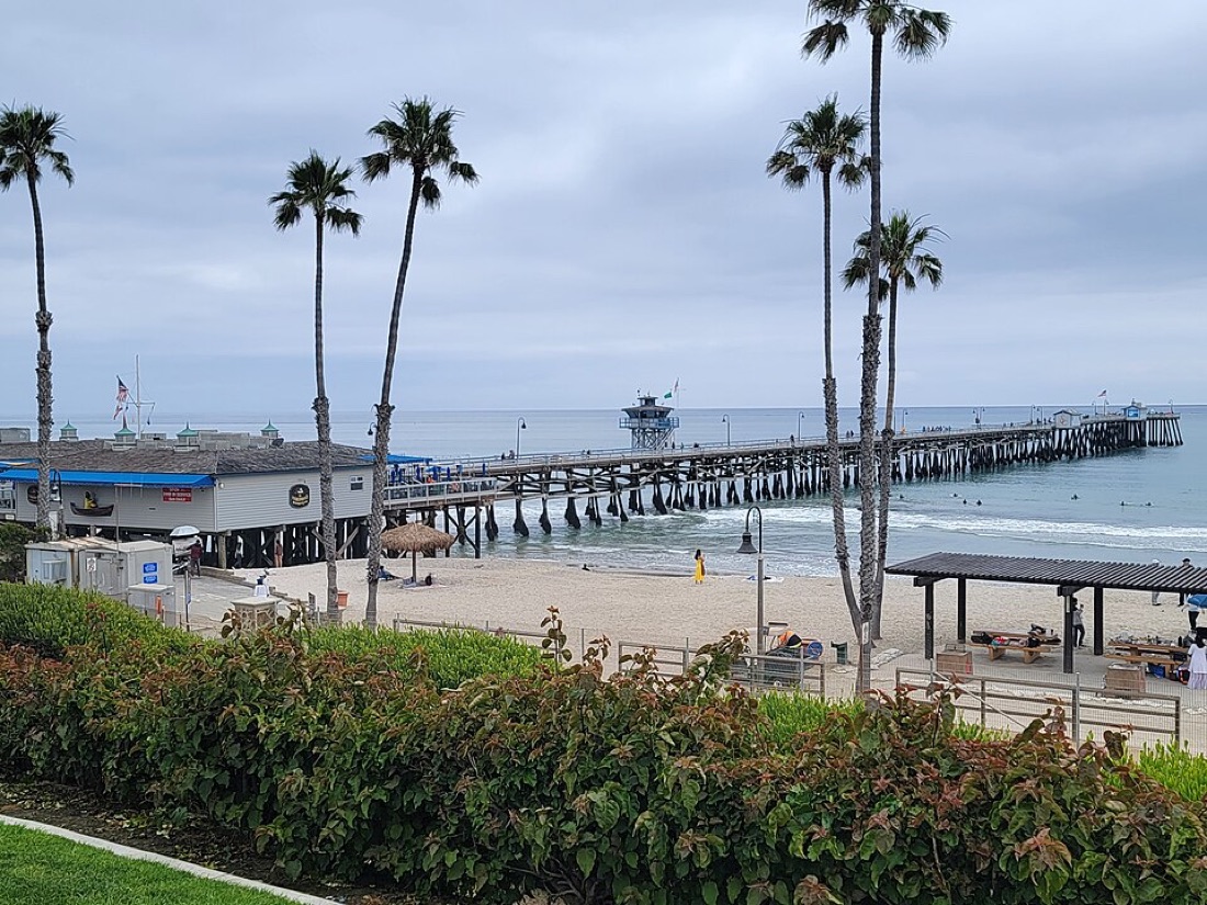 The San Clemente Pier and shoreline framed by palm trees from the bluff-top park